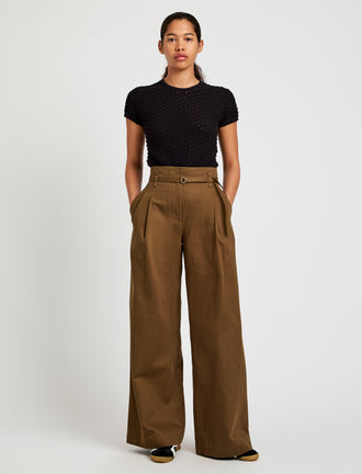 Proenza Schouler Front full length image of model wearing Raver Pant in Fine Herringbone in Wood