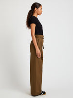 Proenza Schouler Side full length image of model wearing Raver Pant in Fine Herringbone in Wood