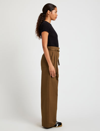 Proenza Schouler Side full length image of model wearing Raver Pant in Fine Herringbone in Wood