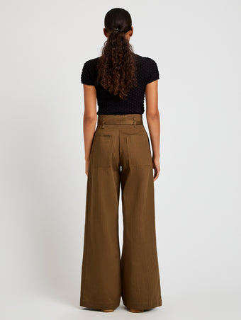 Proenza Schouler Back full length image of model wearing Raver Pant in Fine Herringbone in Wood