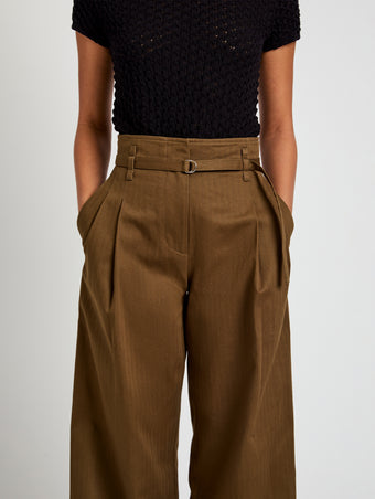 Proenza Schouler Detail image of model wearing Raver Pant in Fine Herringbone in Wood