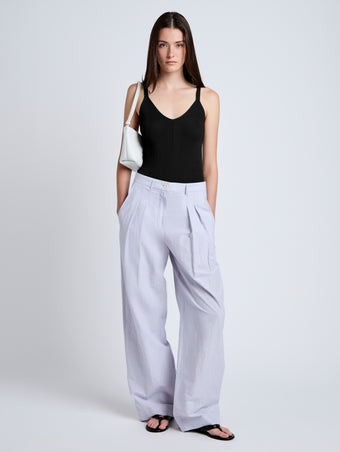 Proenza Schouler Front full length image of model wearing Eleanor Pant in Linen Shirting in Light Oxford Melange