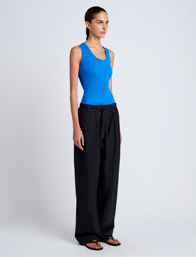 Proenza Schouler Side full length image of model wearing Barrett Pant in Stretch Poplin in Black