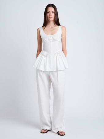 Proenza Schouler Front full length image of model wearing Barrett Pant in Stretch Poplin in White