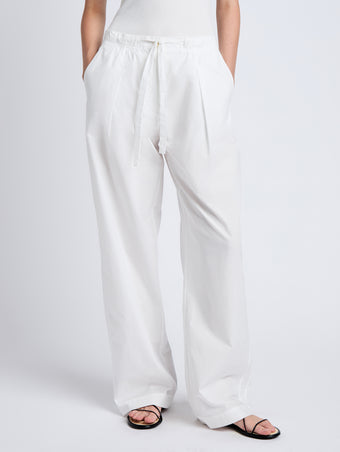 Proenza Schouler Cropped Front image of model wearing Barrett Pant in Stretch Poplin in White