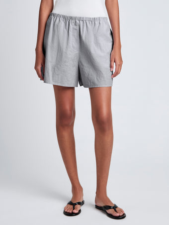 Proenza Schouler front cropped image of model wearing Jana Short in Linen Shirting in grey melange