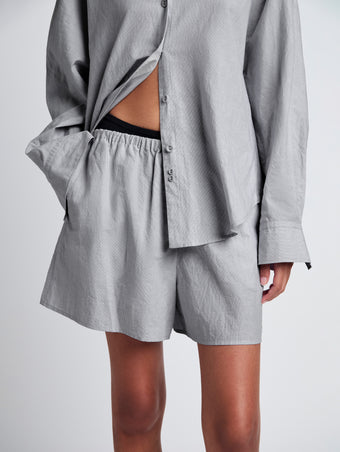 Proenza Schouler detail image of model wearing Jana Short in Linen Shirting in grey melange
