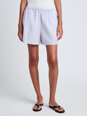 Proenza Schouler Cropped front image of model wearing Jana Short in Linen Shirting in Light Oxford Melange