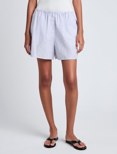 Proenza Schouler Cropped front image of model wearing Jana Short in Linen Shirting in Light Oxford Melange