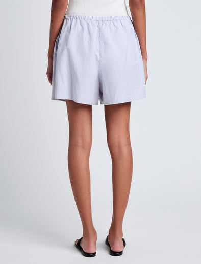 Proenza Schouler Cropped back image of model wearing Jana Short in Linen Shirting in Light Oxford Melange