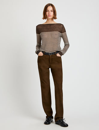 Proenza Schouler Front full length image of model wearing Maxine Pant in Suede in Wood