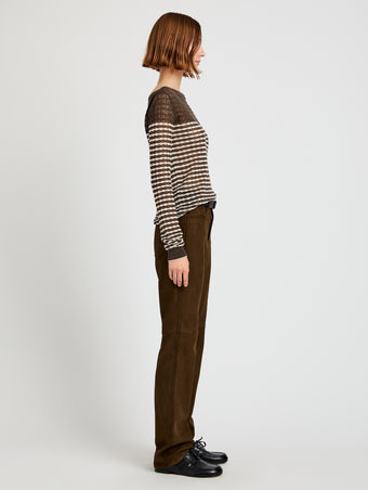 Proenza Schouler Side full length image of model wearing Maxine Pant in Suede in Wood