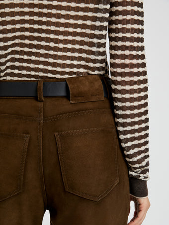 Proenza Schouler Detail image of model wearing Maxine Pant in Suede in Wood