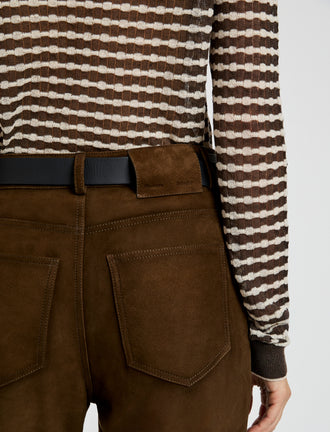 Proenza Schouler Detail image of model wearing Maxine Pant in Suede in Wood