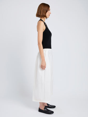 Proenza Schouler Side full length image of model wearing Kayla Pant in Brushed Poplin in White