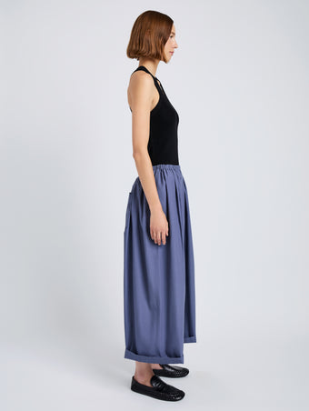 Proenza Schouler Side full length image of model wearing Kayla Pant in Brushed Poplin in Slate