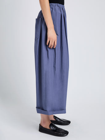 Proenza Schouler Detail image of model wearing Kayla Pant in Brushed Poplin in Slate