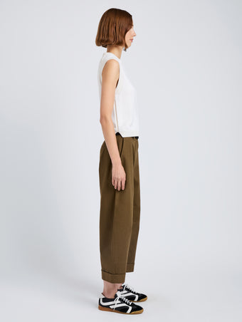 Proenza Schouler Side full length image of model wearing Dori Pant in Fine Herringbone in Wood