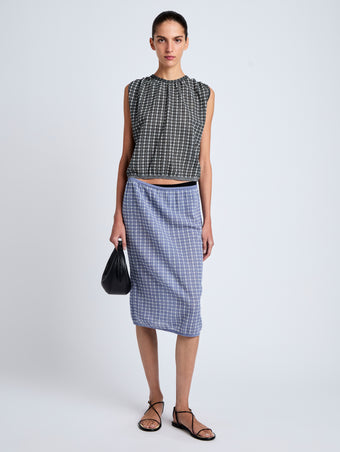 Proenza Schouler front image of model wearing Bradley Crewneck in Plaid Knit in off white/black