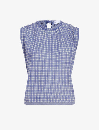 Proenza Schouler flat image of Bradley Crewneck in Plaid Knit in off white/denim