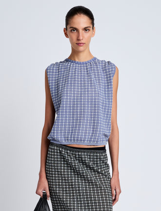 Proenza Schouler cropped front image of model wearing Bradley Crewneck in Plaid Knit in off white/denim