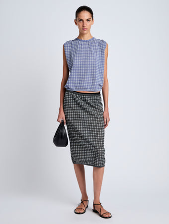 Proenza Schouler front image of model wearing Bradley Crewneck in Plaid Knit in off white/denim