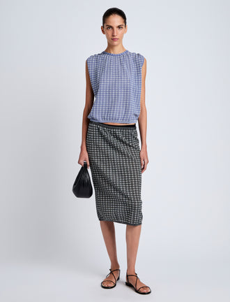 Proenza Schouler front image of model wearing Bradley Crewneck in Plaid Knit in off white/denim