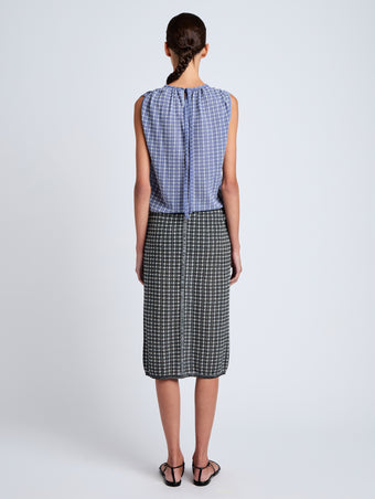 Proenza Schouler back image of model wearing Bradley Crewneck in Plaid Knit in off white/denim