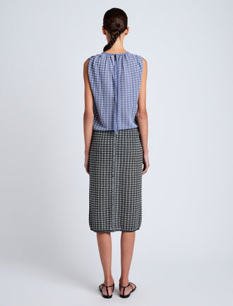 Proenza Schouler back image of model wearing Bradley Crewneck in Plaid Knit in off white/denim