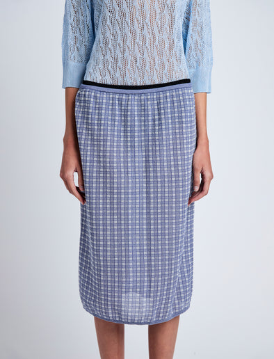 Proenza Schouler detail image of model wearing Lori Knit Skirt in Plaid Knit in off white/denim