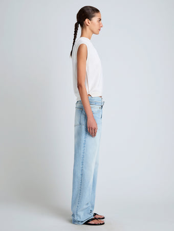 Proenza Schouler Side full length image of model wearing Emily Sweater in Plaited Viscose Rib in Off White