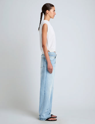 Proenza Schouler Side full length image of model wearing Emily Sweater in Plaited Viscose Rib in Off White