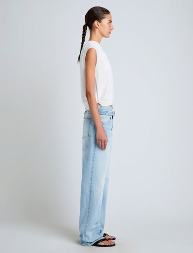 Proenza Schouler Side full length image of model wearing Emily Sweater in Plaited Viscose Rib in Off White