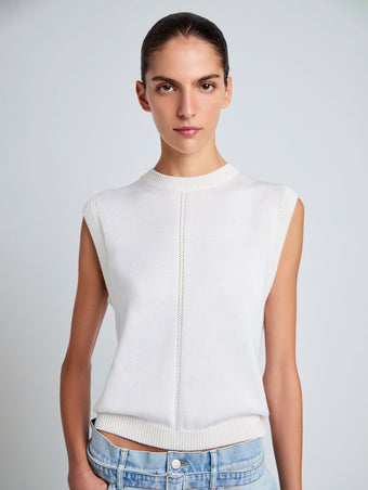 Proenza Schouler Detail image of model wearing Emily Sweater in Plaited Viscose Rib in Off White