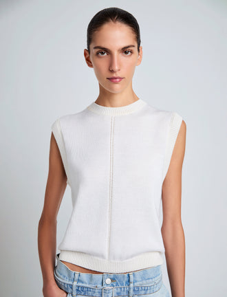 Proenza Schouler Detail image of model wearing Emily Sweater in Plaited Viscose Rib in Off White