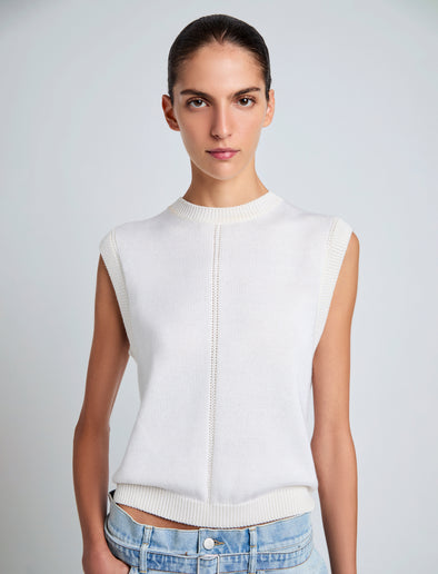 Proenza Schouler Detail image of model wearing Emily Sweater in Plaited Viscose Rib in Off White