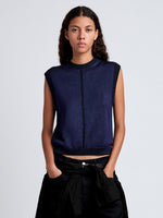 Proenza Schouler Front cropped image of model wearing Emily Sweater in Plaited Viscose Rib in Dark Ink