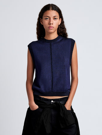 Proenza Schouler Front cropped image of model wearing Emily Sweater in Plaited Viscose Rib in Dark Ink