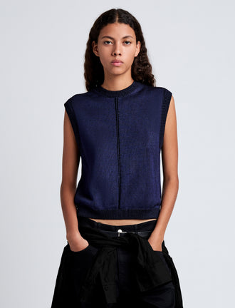Proenza Schouler Front cropped image of model wearing Emily Sweater in Plaited Viscose Rib in Dark Ink
