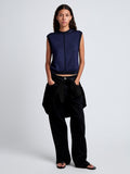 Proenza Schouler Front full length image of model wearing Emily Sweater in Plaited Viscose Rib in Dark Ink