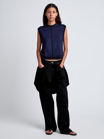 Proenza Schouler Front full length image of model wearing Emily Sweater in Plaited Viscose Rib in Dark Ink