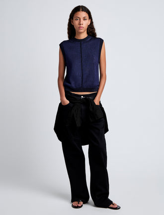 Proenza Schouler Front full length image of model wearing Emily Sweater in Plaited Viscose Rib in Dark Ink