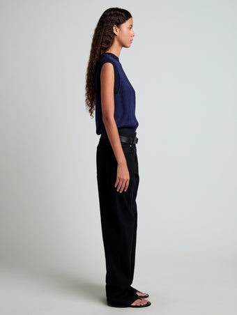 Proenza Schouler Side full length image of model wearing Emily Sweater in Plaited Viscose Rib in Dark Ink