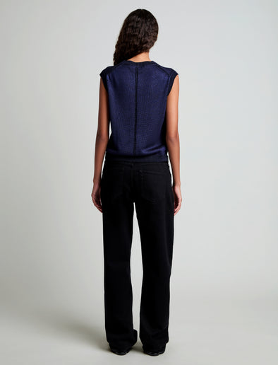 Proenza Schouler Back full length image of model wearing Emily Sweater in Plaited Viscose Rib in Dark Ink