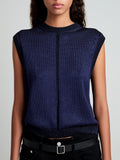 Proenza Schouler Detail image of model wearing Emily Sweater in Plaited Viscose Rib in Dark Ink