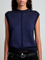 Proenza Schouler Detail image of model wearing Emily Sweater in Plaited Viscose Rib in Dark Ink