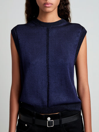 Proenza Schouler Detail image of model wearing Emily Sweater in Plaited Viscose Rib in Dark Ink