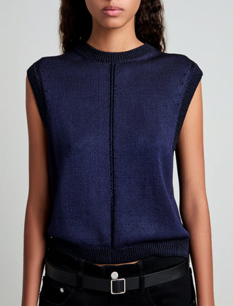 Proenza Schouler Detail image of model wearing Emily Sweater in Plaited Viscose Rib in Dark Ink