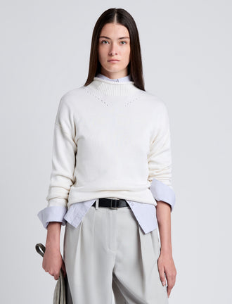 Proenza Schouler Front cropped image of model wearing Shea Sweater in Plaited Viscose Rib in Off White
