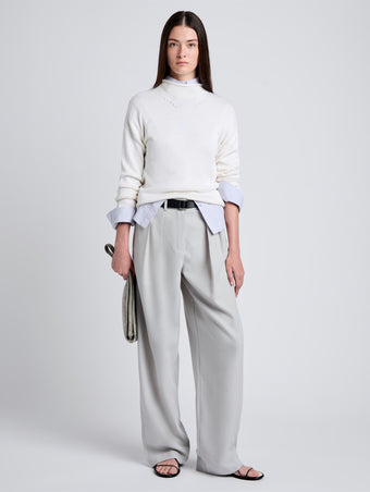 Proenza Schouler Front full length image of model wearing Shea Sweater in Plaited Viscose Rib in Off White